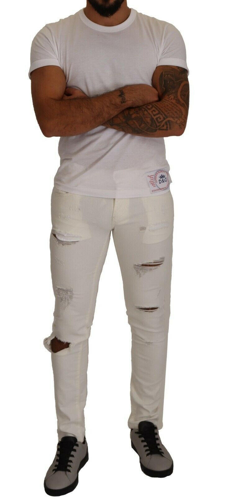 Dolce & Gabbana White Tattered Skinny Cotton Men Denim Jeans -   -  Dolce & Gabbana.