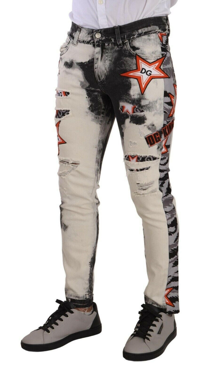 Dolce & Gabbana White Black Cotton Distressed Skinny Denim Jeans -   -  Dolce & Gabbana.