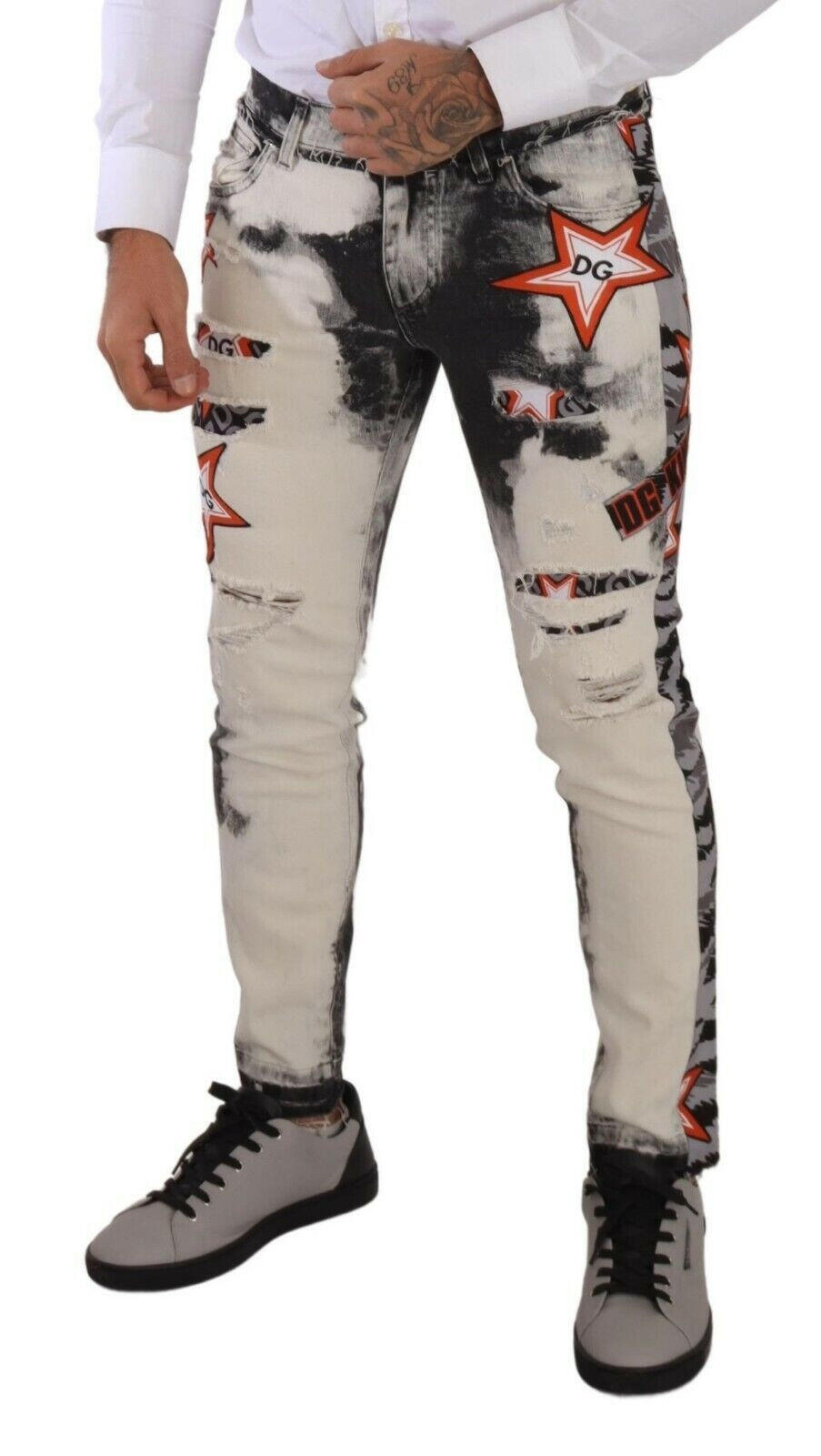 Dolce & Gabbana White Black Cotton Distressed Skinny Denim Jeans -   -  Dolce & Gabbana.