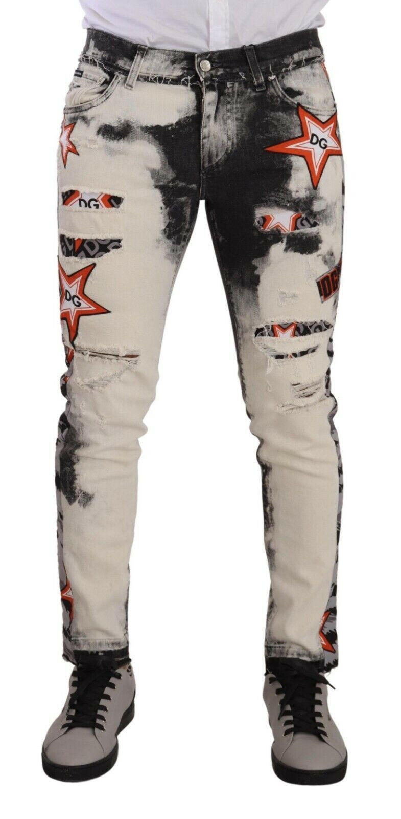 Dolce & Gabbana White Black Cotton Distressed Skinny Denim Jeans -   -  Dolce & Gabbana.