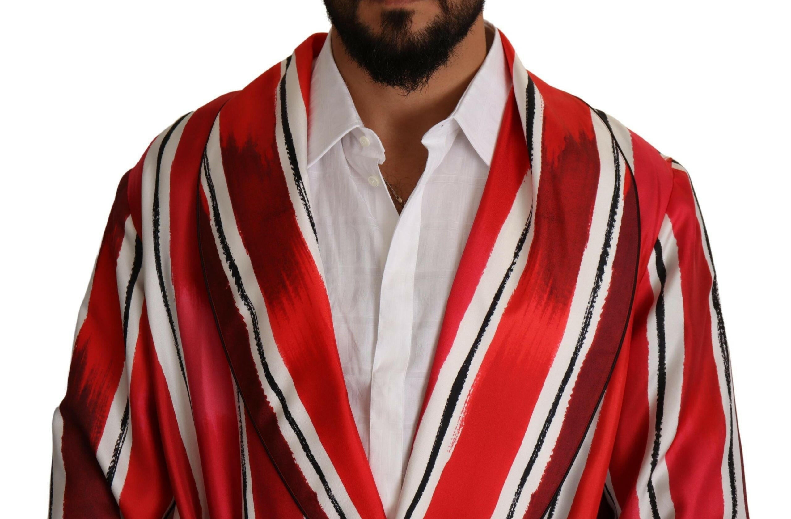 Dolce & Gabbana Red White Striped Silk Mens Night Gown Robe -   -  Dolce & Gabbana.