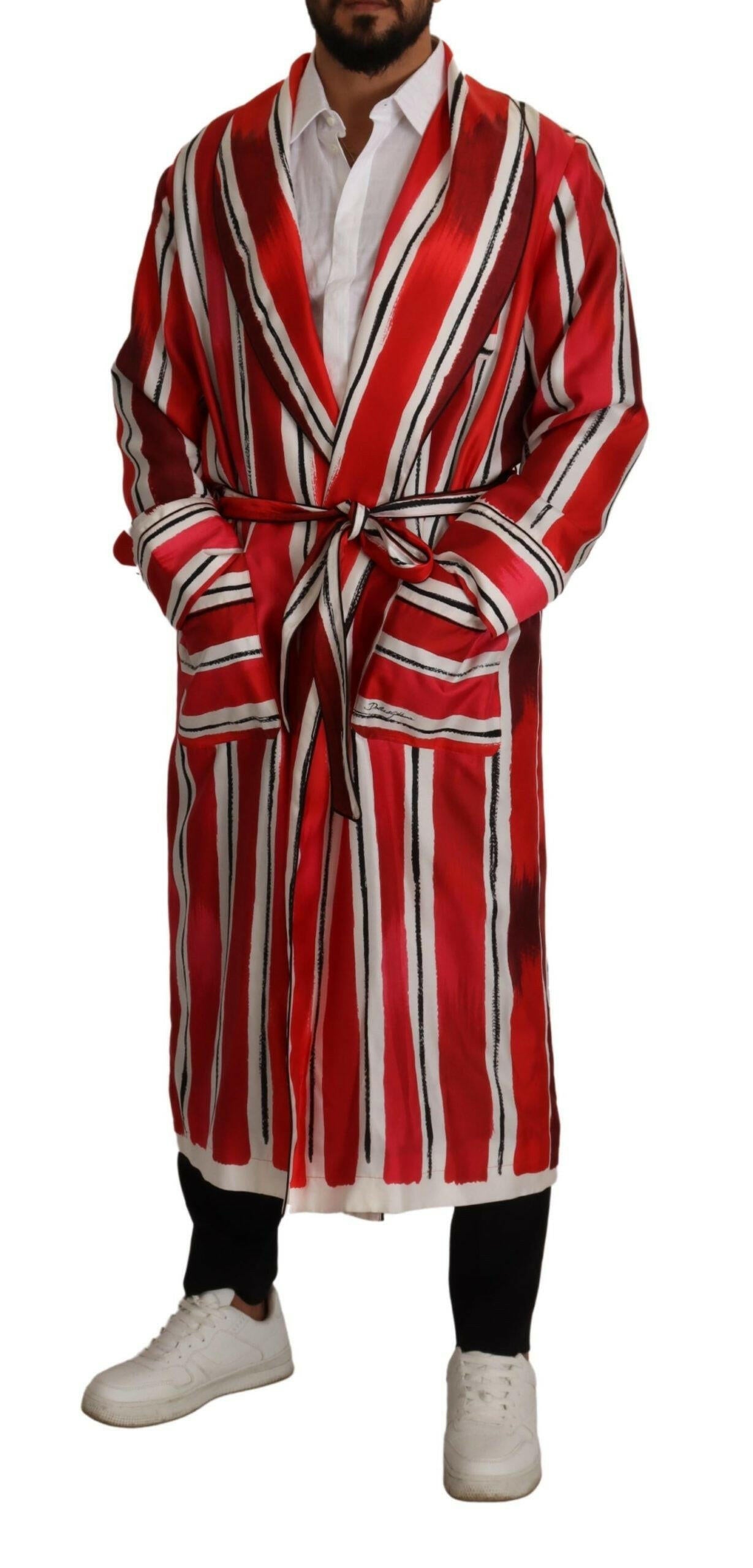 Dolce & Gabbana Red White Striped Silk Mens Night Gown Robe -   -  Dolce & Gabbana.