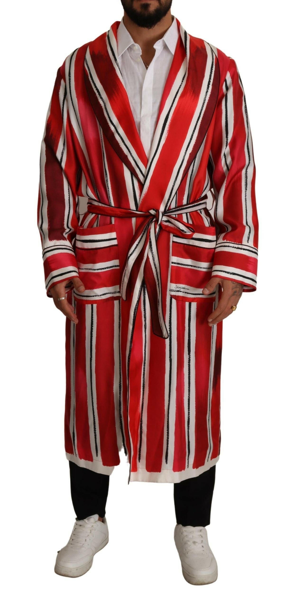 Dolce & Gabbana Red White Striped Silk Mens Night Gown Robe -   -  Dolce & Gabbana.