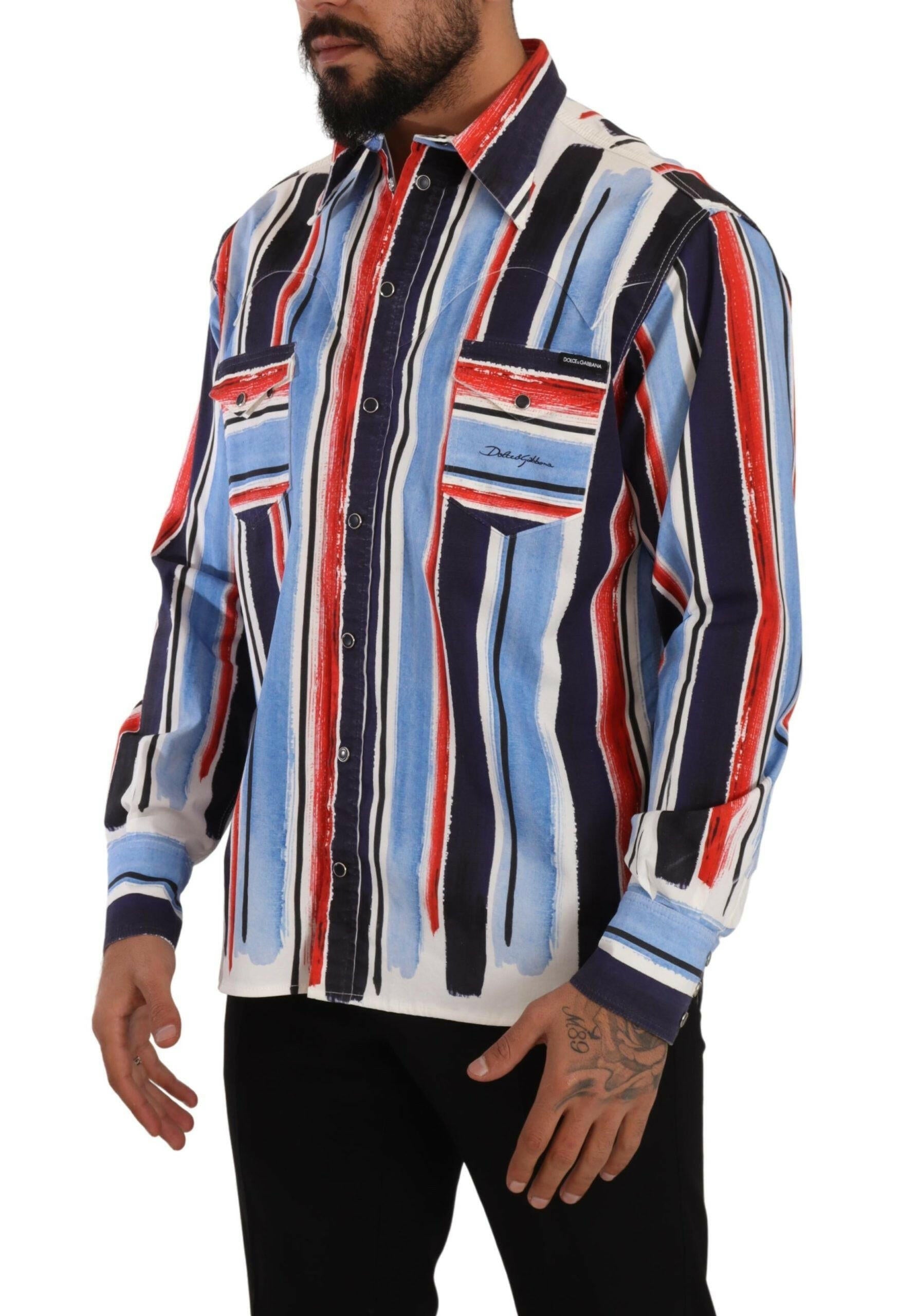 Dolce & Gabbana Red Striped Long Sleeve Cotton Shirt Blue -   -  Dolce & Gabbana.