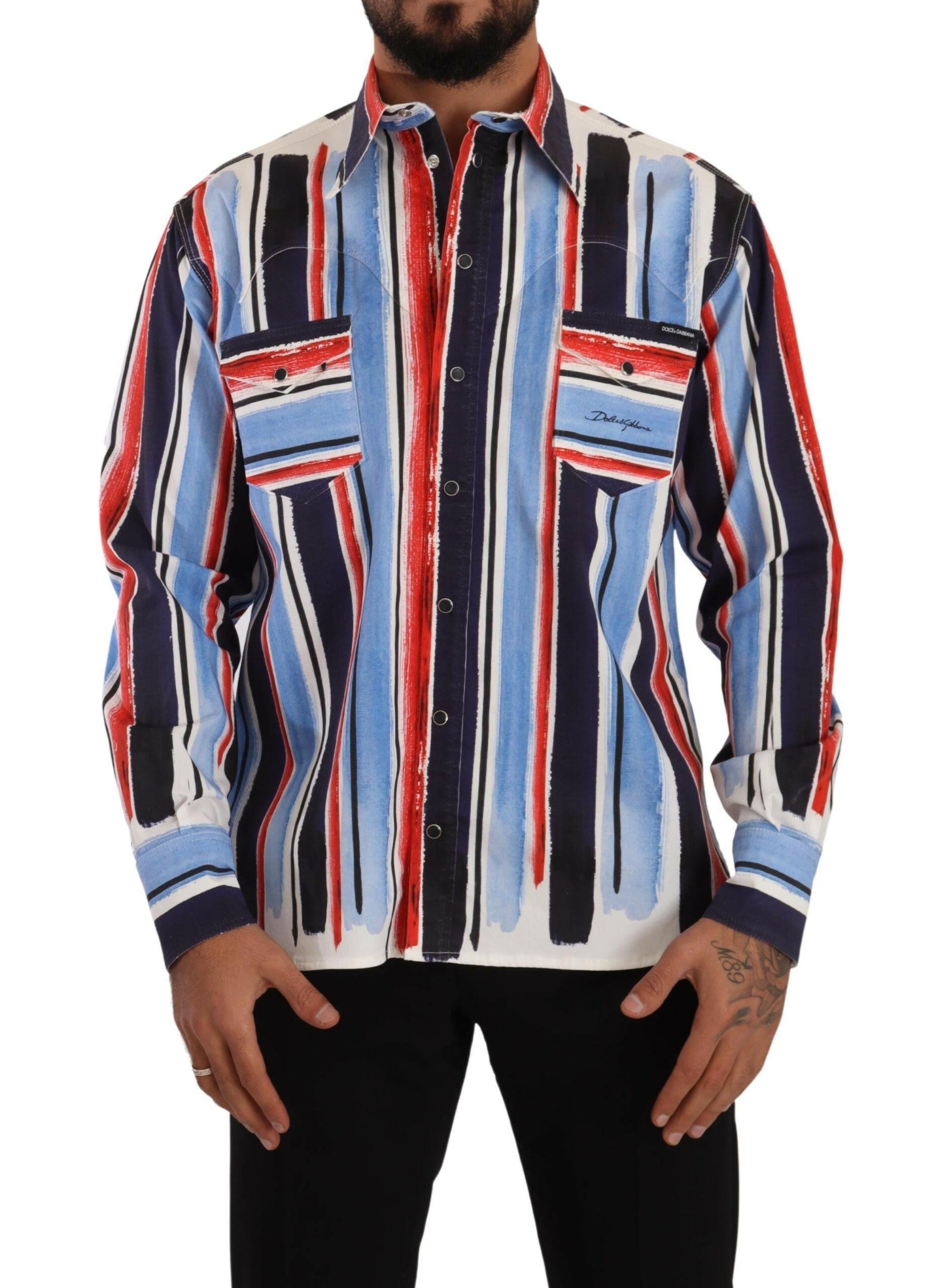 Dolce & Gabbana Red Striped Long Sleeve Cotton Shirt Blue -   -  Dolce & Gabbana.