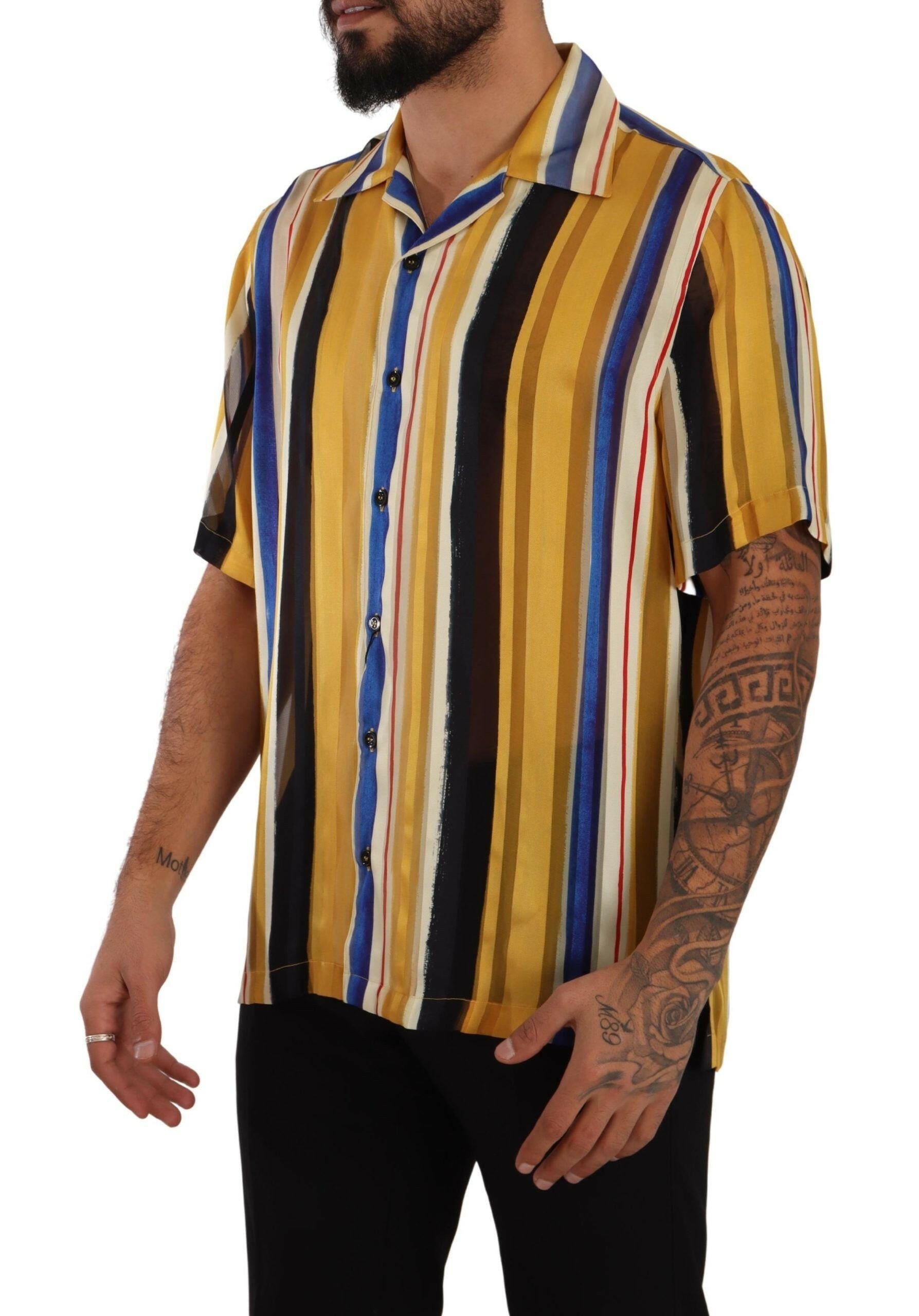 Dolce & Gabbana Yellow Striped Short Sleeve Silk Shirt -   -  Dolce & Gabbana.