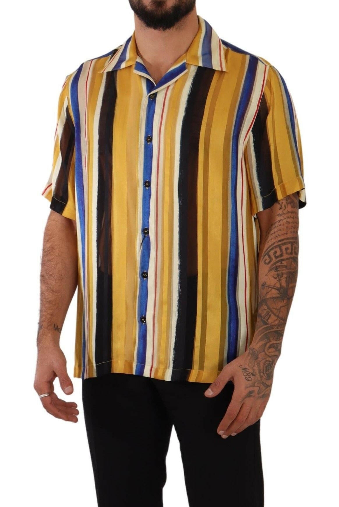 Dolce & Gabbana Yellow Striped Short Sleeve Silk Shirt -   -  Dolce & Gabbana.