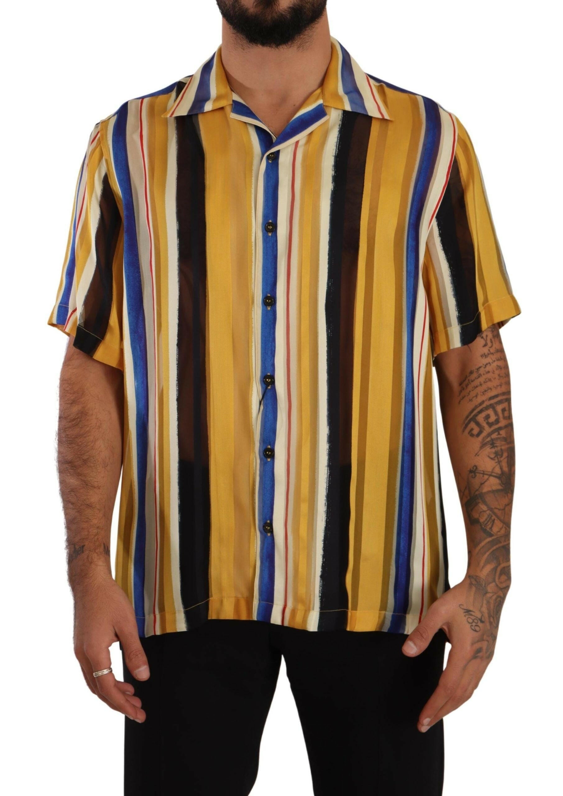 Dolce & Gabbana Yellow Striped Short Sleeve Silk Shirt -   -  Dolce & Gabbana.