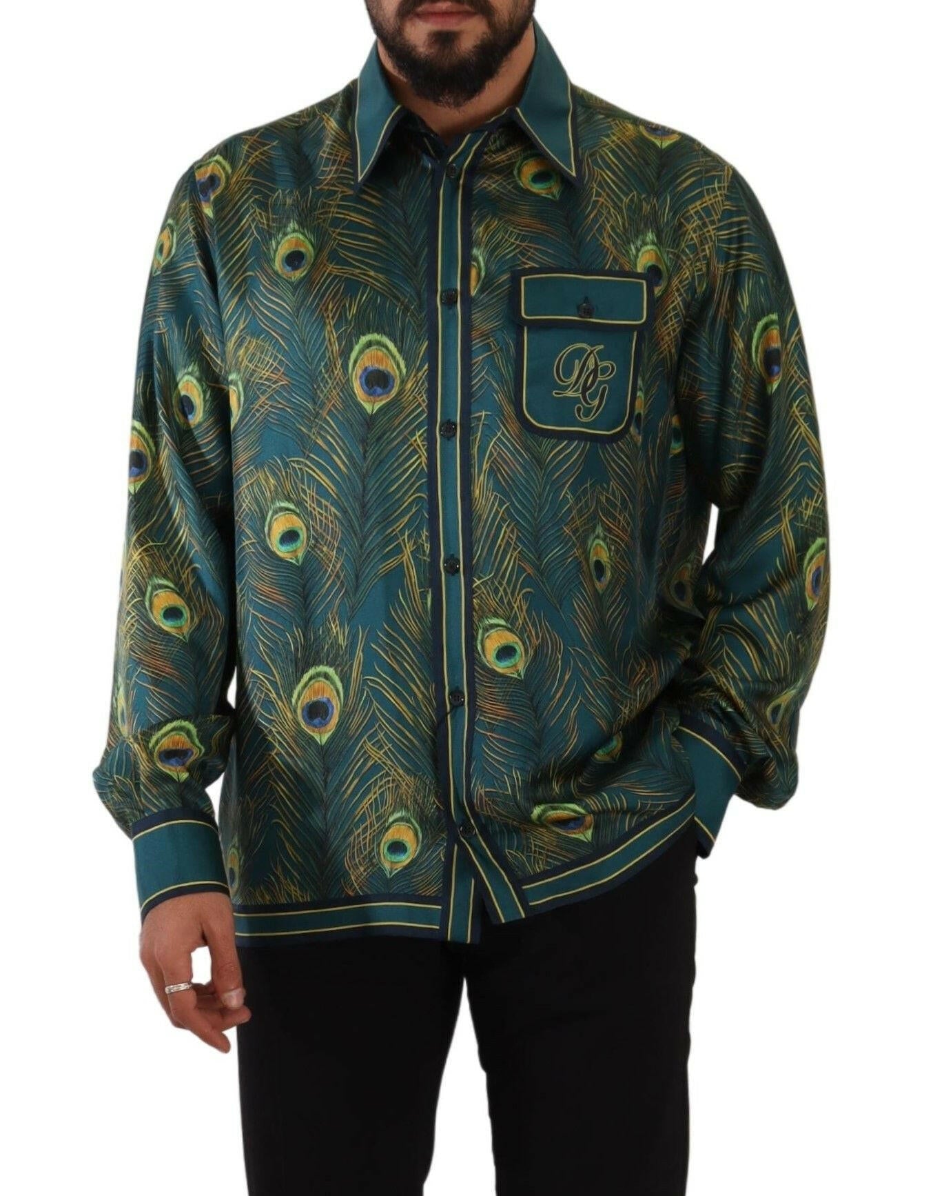 Dolce & Gabbana Peacock Feather Print Silk Pajama Mens Shirt -   -  Dolce & Gabbana.