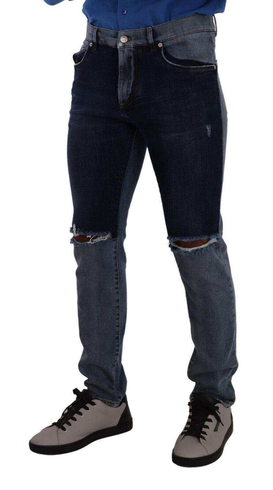 Dolce & Gabbana Blue Two Tone Tattered Cotton Slim Denim Jeans -   -  Dolce & Gabbana.