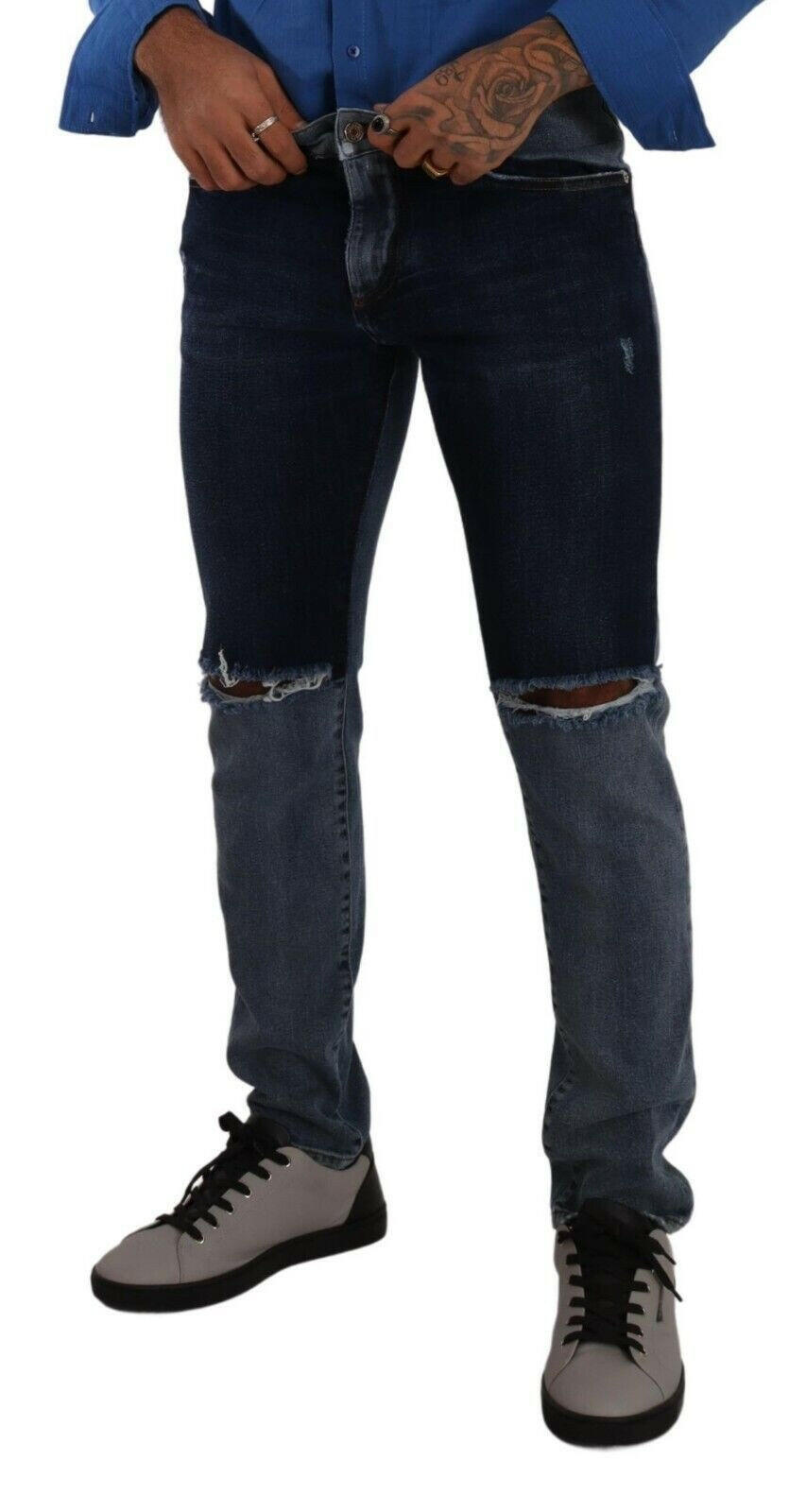 Dolce & Gabbana Blue Two Tone Tattered Cotton Slim Denim Jeans -   -  Dolce & Gabbana.