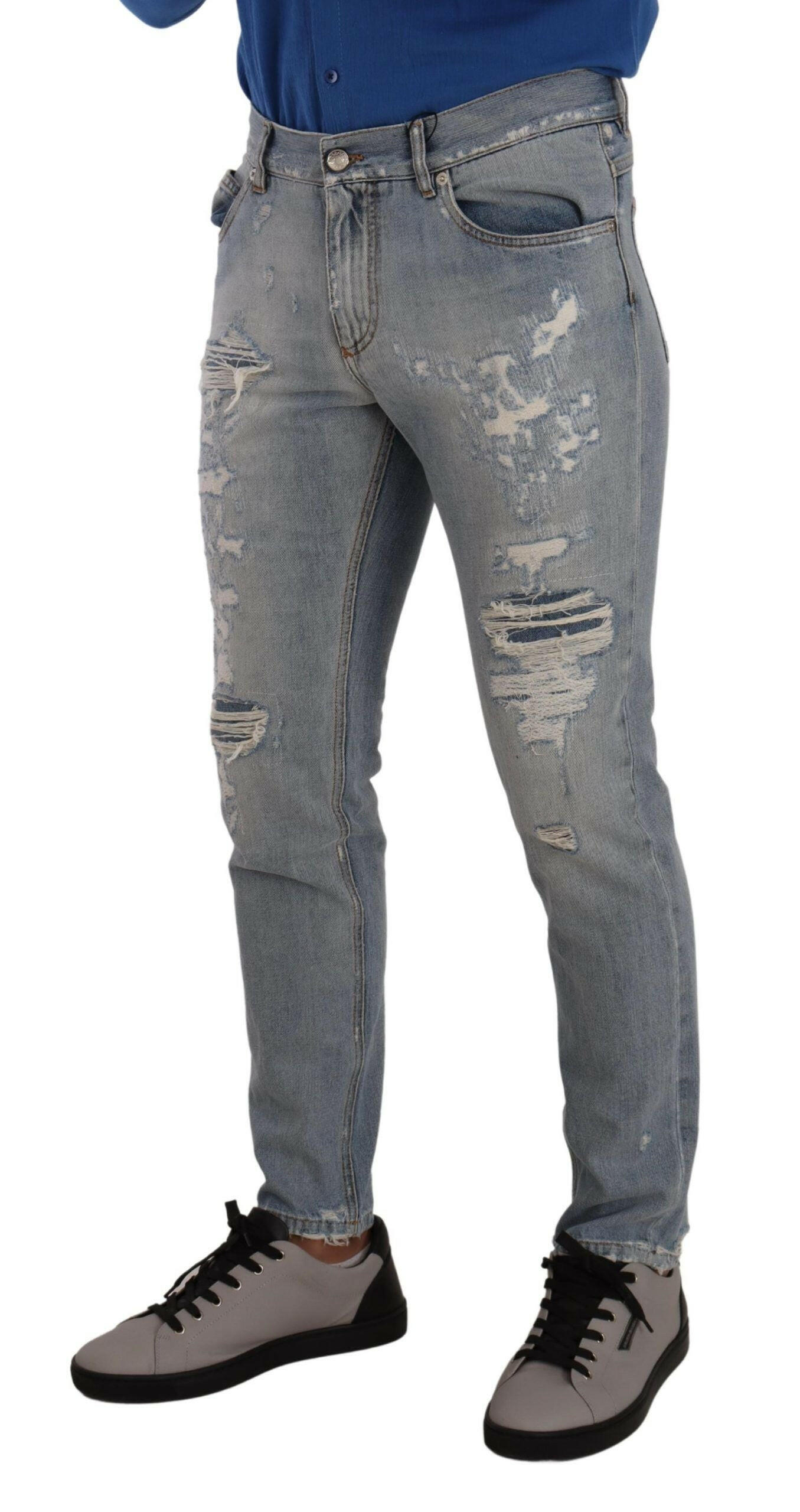 Dolce & Gabbana Light Blue Tattered Cotton Regular Denim Jeans -   -  Dolce & Gabbana.