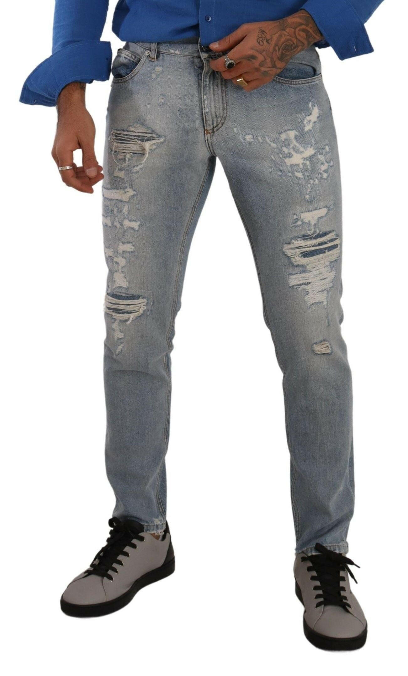 Dolce & Gabbana Light Blue Tattered Cotton Regular Denim Jeans -   -  Dolce & Gabbana.