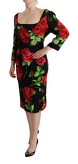 Dolce & Gabbana Black Red Roses Sheath Stretch Silk Dress -   -  Dolce & Gabbana.