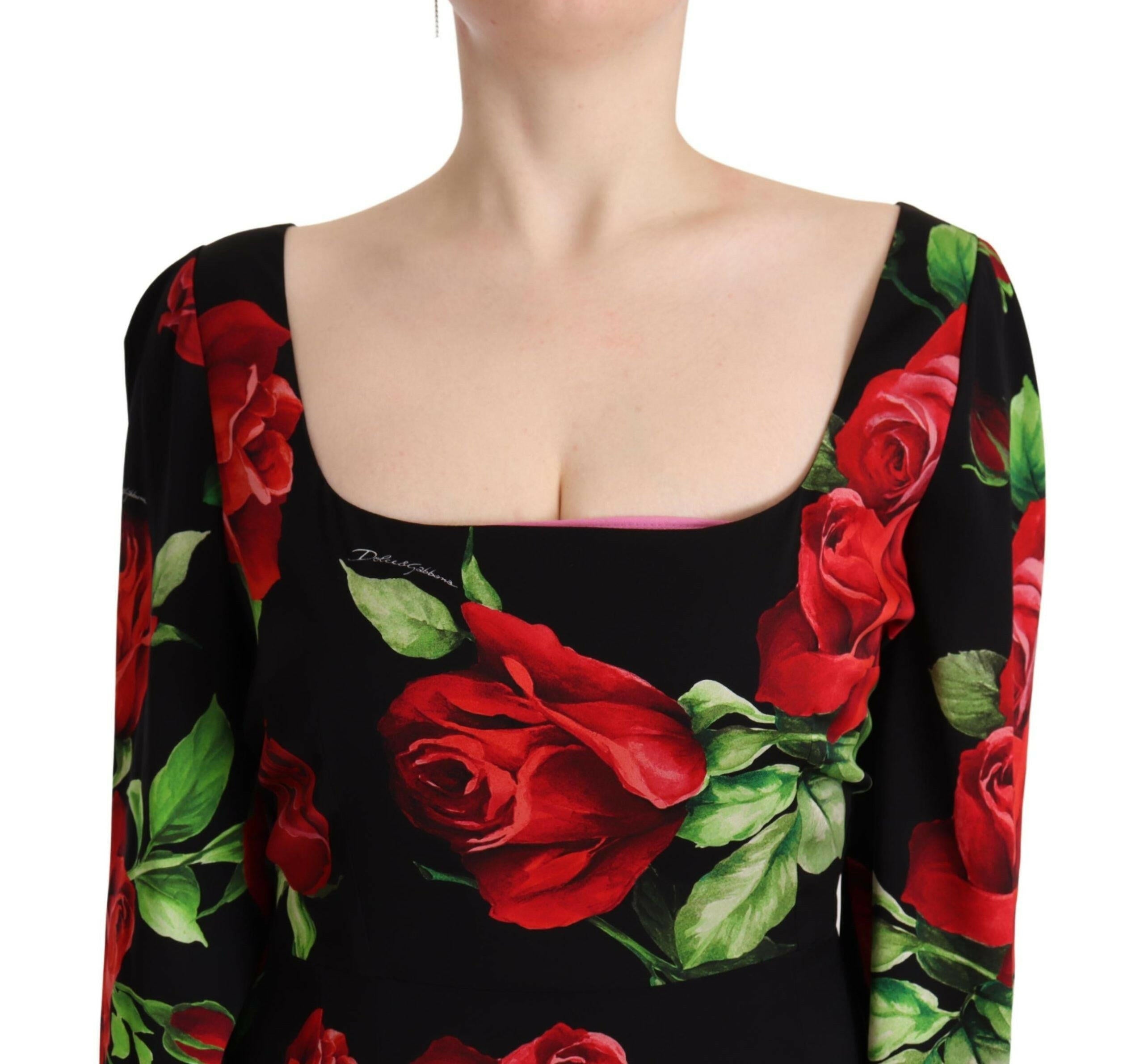 Dolce & Gabbana Black Red Roses Sheath Stretch Silk Dress -   -  Dolce & Gabbana.