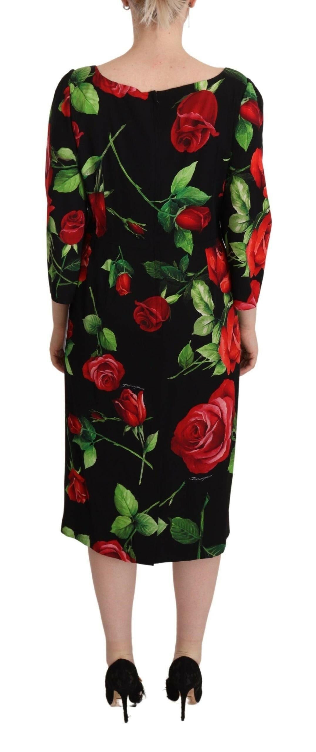 Dolce & Gabbana Black Red Roses Sheath Stretch Silk Dress -   -  Dolce & Gabbana.