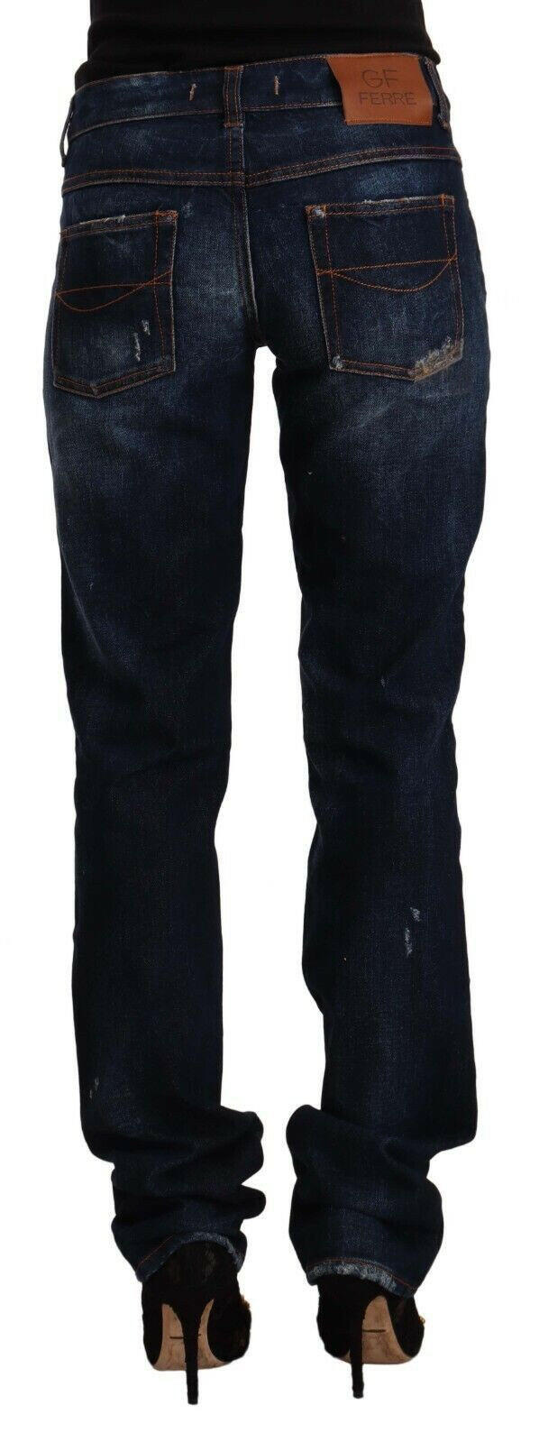 GF Ferre Dark Blue Washed Mid Waist Cotton Denim Straight Jeans -   -  GF Ferre.