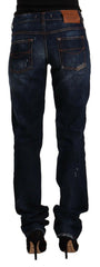 GF Ferre Dark Blue Washed Mid Waist Cotton Denim Straight Jeans -   -  GF Ferre.