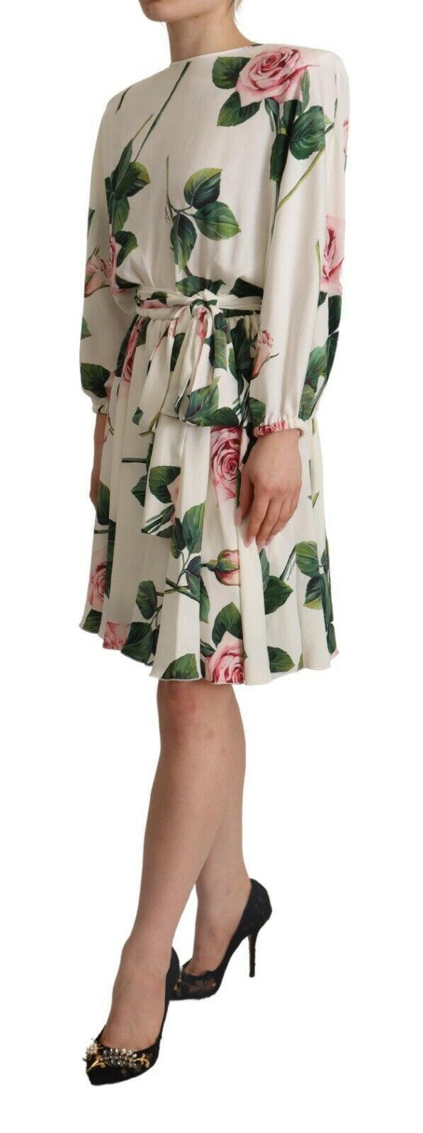 Dolce & Gabbana White Rose Print Long Sleeves A-line Dress -   -  Dolce & Gabbana.