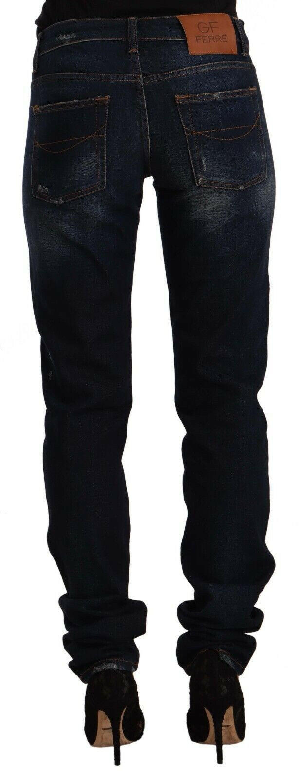 GF Ferre Dark Blue Washed Mid Waist Cotton Denim Skinny Jeans -   -  GF Ferre.