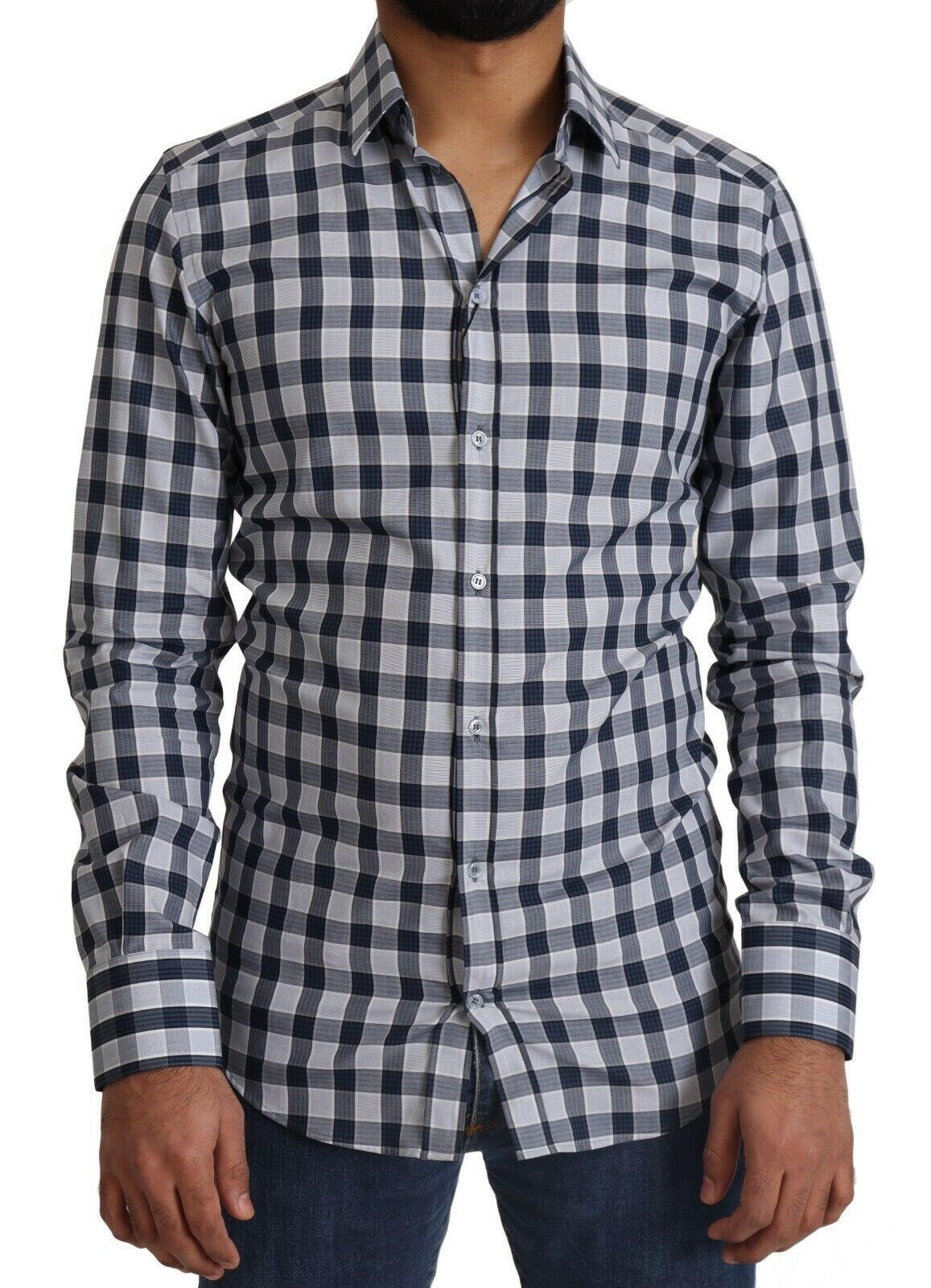 Dolce & Gabbana Blue White Check Cotton Slim Fit GOLD Shirt -   -  Dolce & Gabbana.