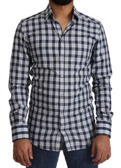 Dolce & Gabbana Blue White Check Cotton Slim Fit GOLD Shirt -   -  Dolce & Gabbana.