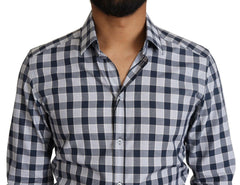 Dolce & Gabbana Blue White Check Cotton Slim Fit GOLD Shirt -   -  Dolce & Gabbana.