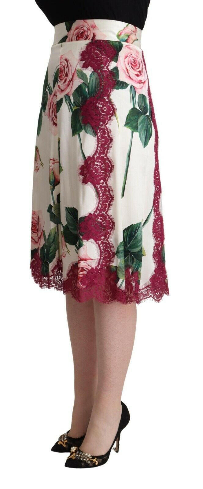 Dolce & Gabbana White Rose Print High Waist Midi A-line Skirt -   -  Dolce & Gabbana.