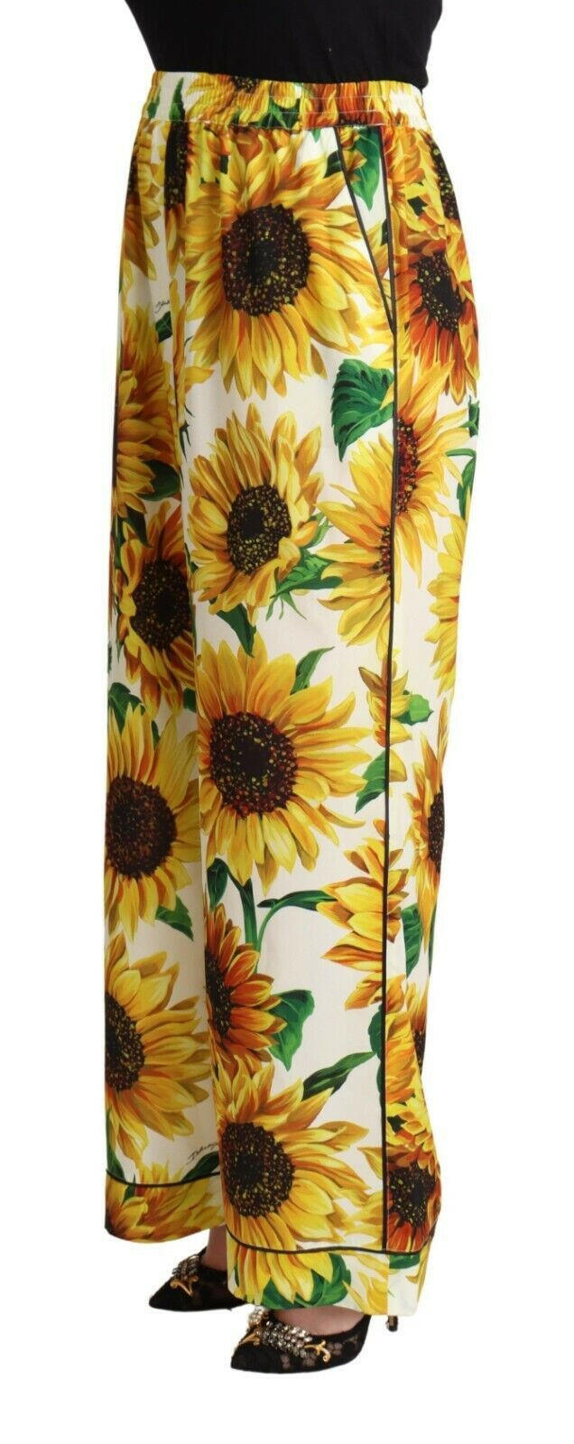 Dolce & Gabbana White Sunflower Print Mid Waist Wide Leg Pants -   -  Dolce & Gabbana.