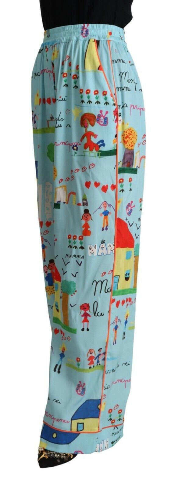 Dolce & Gabbana Light Blue Drawing Mid Waist Wide Leg Pants -   -  Dolce & Gabbana.