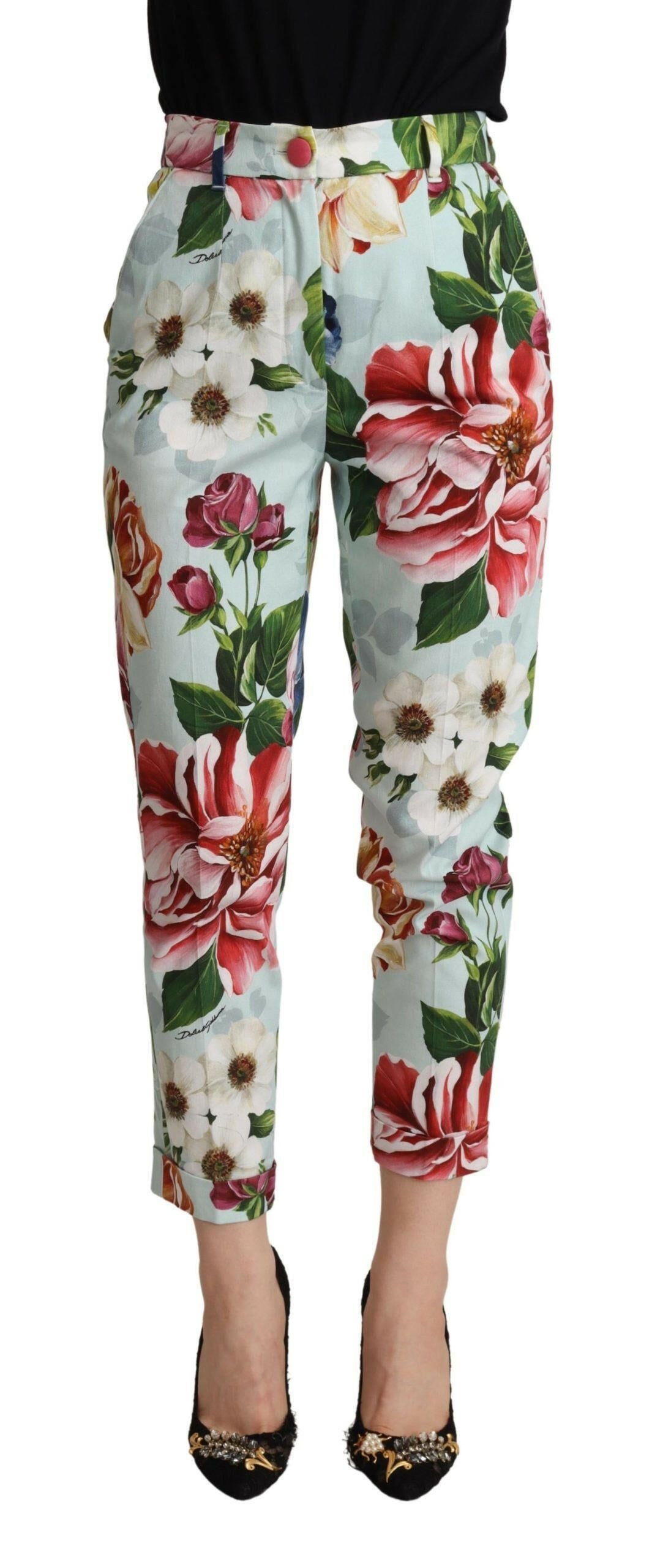 Dolce & Gabbana Light Blue Fiori Print Cotton Trouser Tapered Pants -   -  Dolce & Gabbana.
