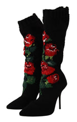 Dolce & Gabbana Black Stretch Socks Red Roses Booties Shoes -   -  Dolce & Gabbana.
