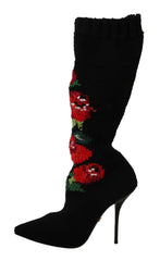 Dolce & Gabbana Black Stretch Socks Red Roses Booties Shoes -   -  Dolce & Gabbana.