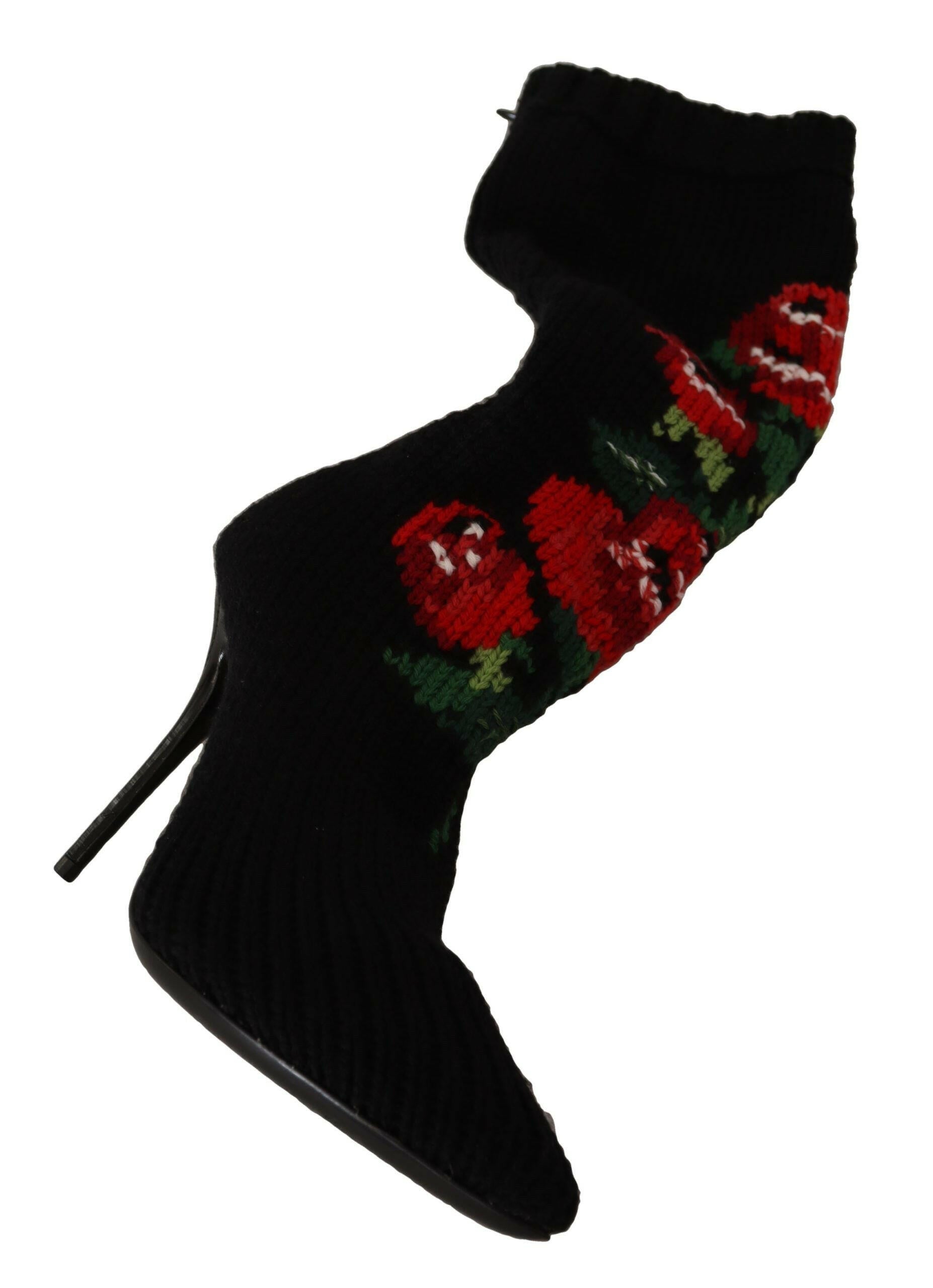 Dolce & Gabbana Black Stretch Socks Red Roses Booties Shoes -   -  Dolce & Gabbana.