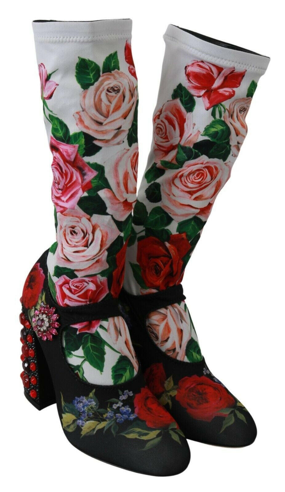 Dolce & Gabbana Black Floral Socks Crystal Jersey Boots Shoes -   -  Dolce & Gabbana.