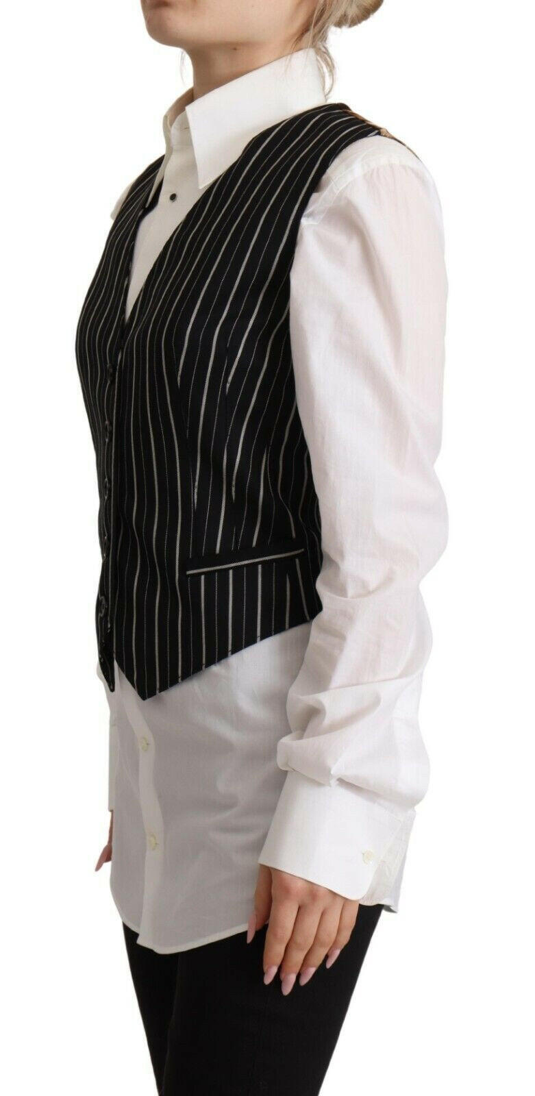 Dolce & Gabbana Black Stripes Wool V-neck Sleeveless Button Vest Top -   -  Dolce & Gabbana.