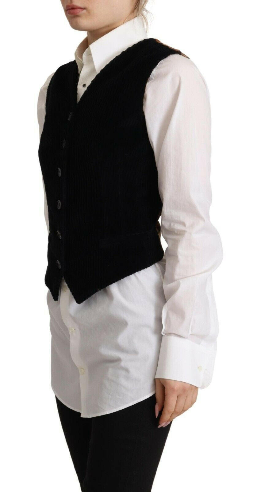Dolce & Gabbana Black V-neck Leopard Corduroy Button Vest Top -   -  Dolce & Gabbana.