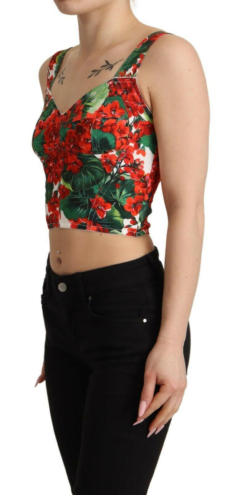 Dolce & Gabbana Red Geranium Print Viscose Sweetheart Cropped Top -   -  Dolce & Gabbana.