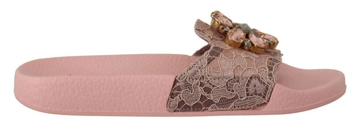 Dolce & Gabbana Pink Lace Crystal Sandals Slides Beach Shoes -   -  Dolce & Gabbana.