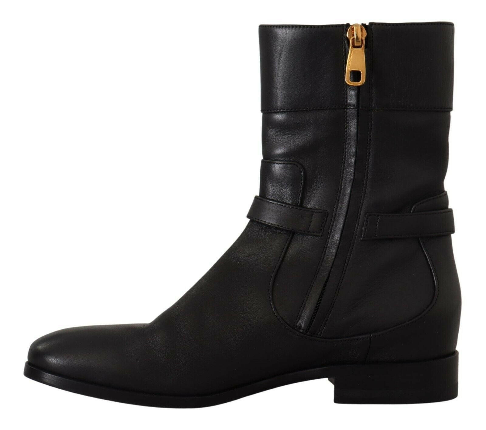 Dolce & Gabbana Black Leather Flats Logo Short Boots Shoes -   -  Dolce & Gabbana.