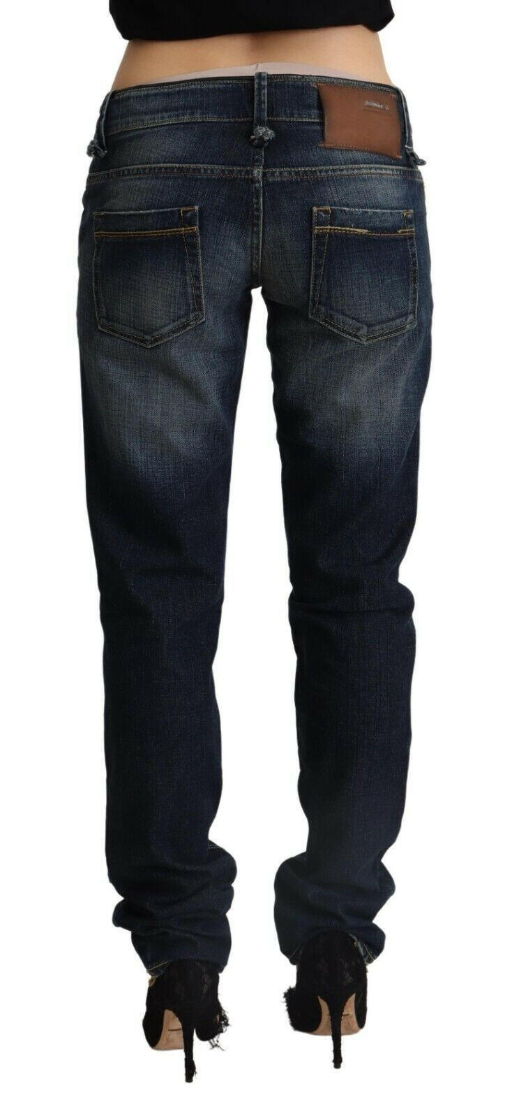 Acht Dark Blue Washed Cotton Skinny Denim Low Waist Jeans -   -  Acht.