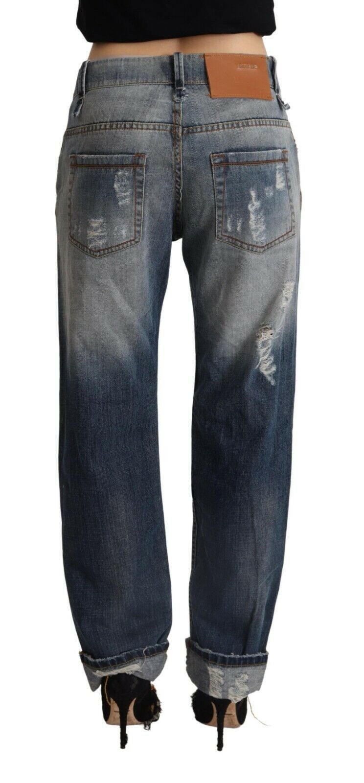 Acht Blue Tattered Mid Waist Straight Denim Cotton Jeans -   -  Acht.