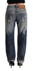 Acht Blue Tattered Mid Waist Straight Denim Cotton Jeans -   -  Acht.