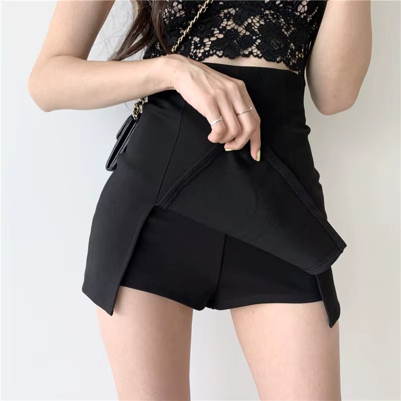 Chic High Waist Split Shorts Skirt - Stylish A-Line Mini for Office & Summer Elegance -   -  Tiny Lux.