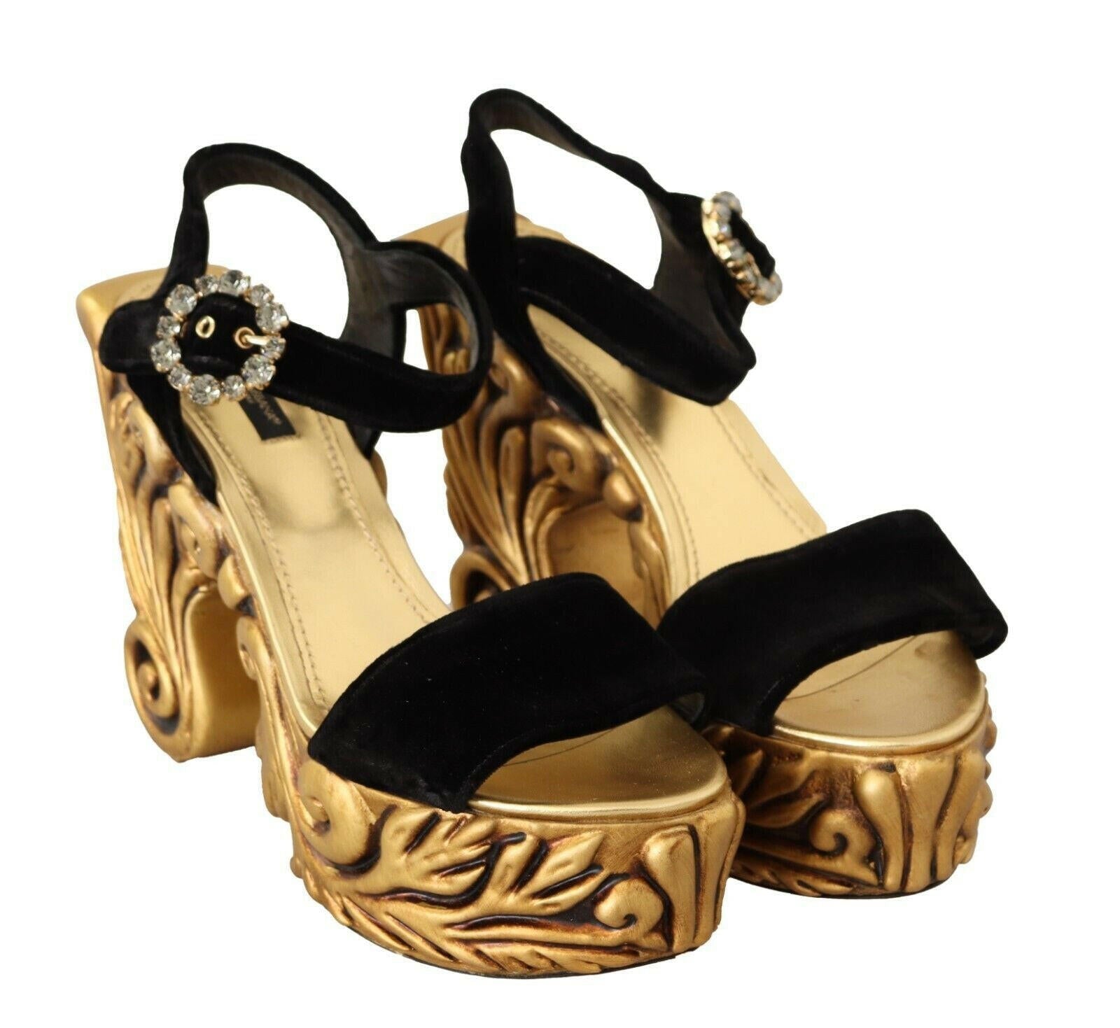 Dolce & Gabbana Black Gold Baroque Velvet Heels Crystal Shoes -   -  Dolce & Gabbana.
