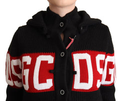 GCDS Black Cashmere Hooded Button Down Logo Cardigan Jacket -   -  GCDS.