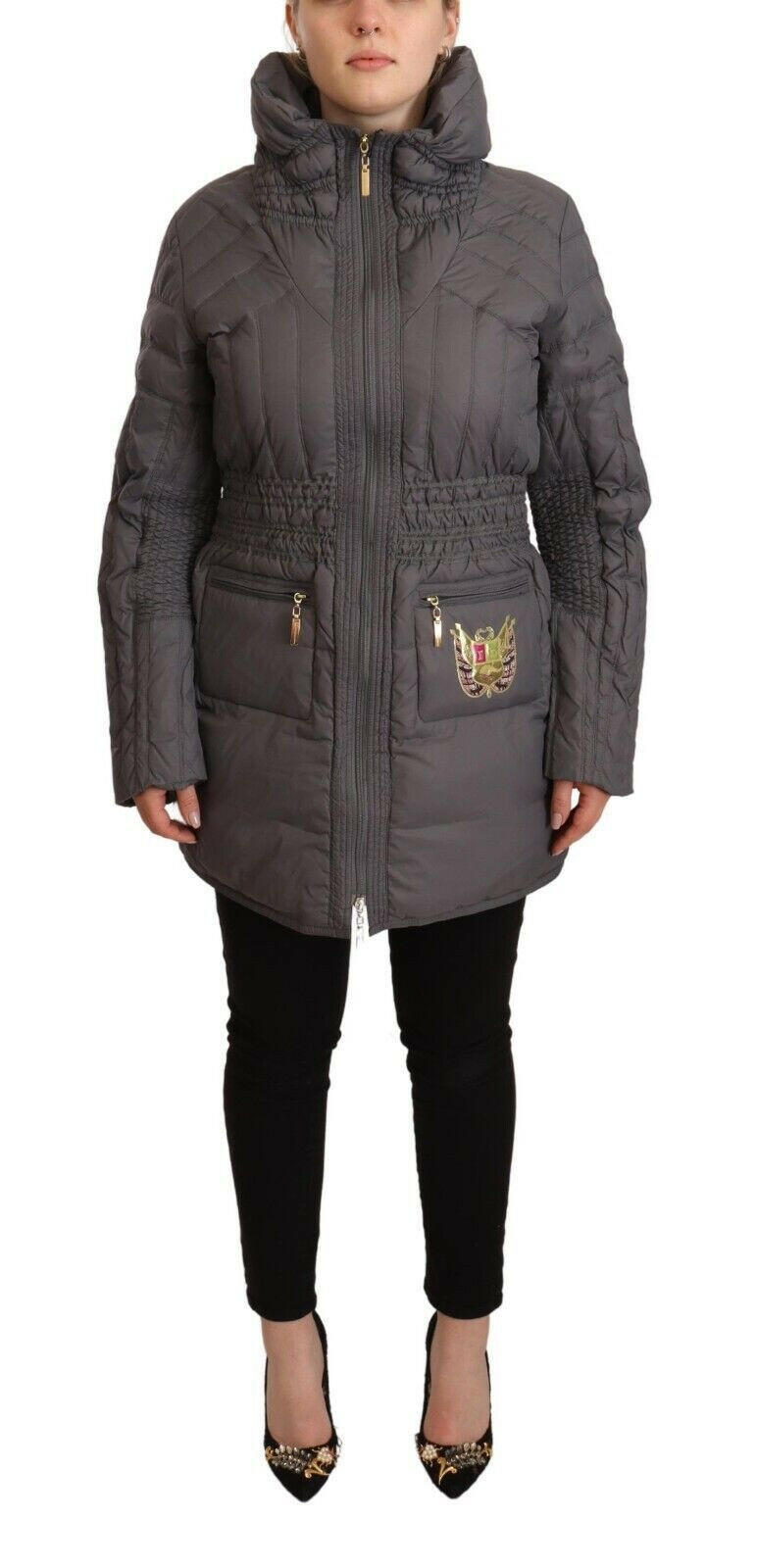 Roccobarocco Gray Quilted Long Sleeves Logo Patch Full Zip Jacket -   -  Roccobarocco.
