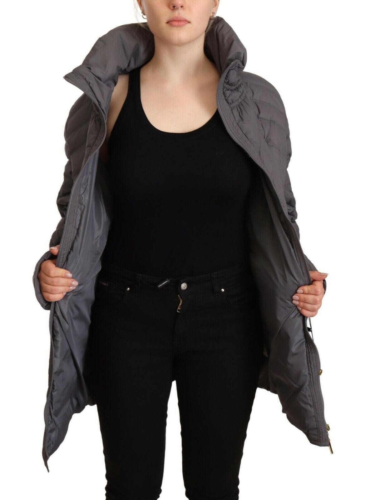 Roccobarocco Gray Quilted Long Sleeves Logo Patch Full Zip Jacket -   -  Roccobarocco.