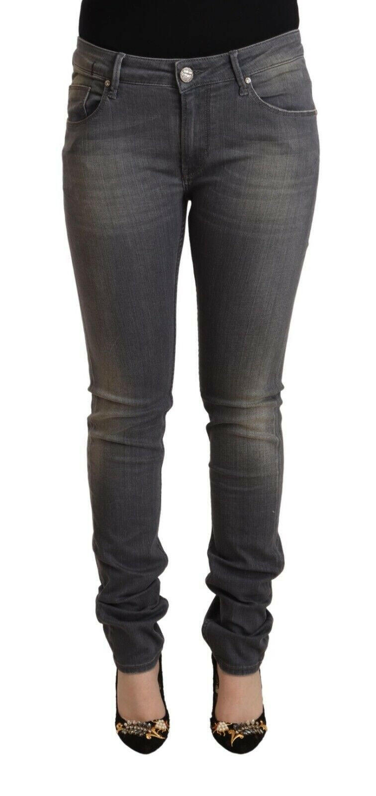 Acht Dark Gray Washed Cotton Denim Skinny Jeans -   -  Acht.