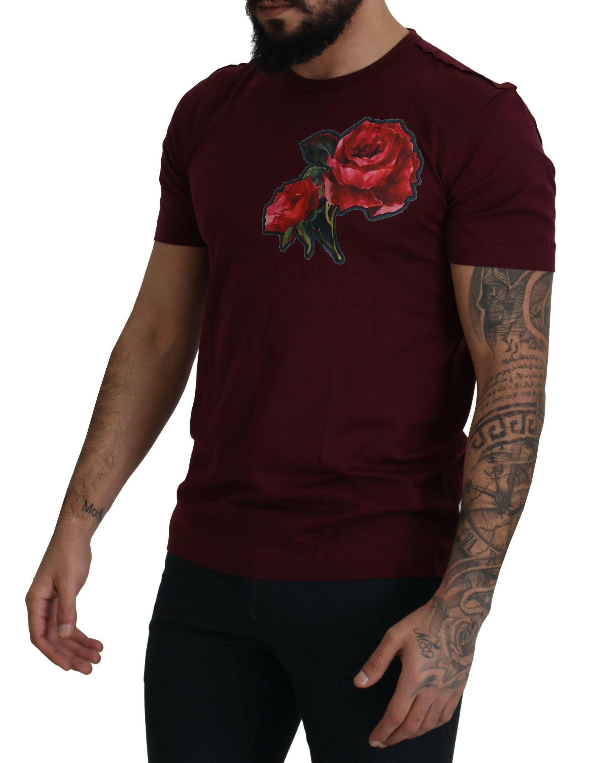 Dolce & Gabbana Bordeaux Roses Cotton Crewneck T-shirt -   -  Dolce & Gabbana.